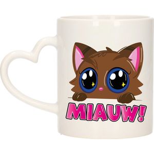 BD Cadeau koffie/thee mok - poes/kat - Miauw - roze - hartjes oor