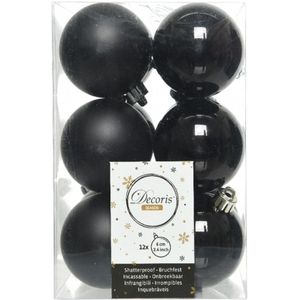 12x Kunststof kerstballen glanzend/mat zwart 6 cm kerstboom versiering/decoratie