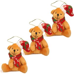 3x Kersthangers knuffelbeertjes beige met gekleurde sjaal en muts 7 cm