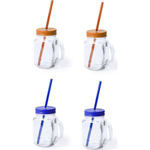 4x stuks drink potjes van glas Mason Jar blauw/oranje 500 ml