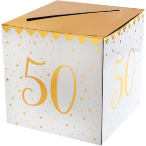 Enveloppendoos - Verjaardag - 50 jaar - wit/goud - karton - 20 x 20 cm