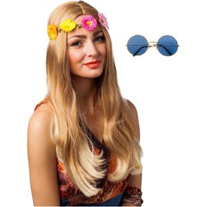 Hippie Flower Power Sixties verkleed set hoofdband met blauwe party bril