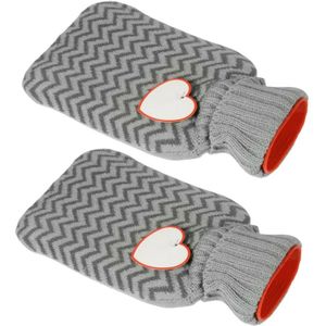 Warmwaterkruik 2x stuks met hartje en pluche hoes - grijs - 0,75 liter -24 x 14 cm