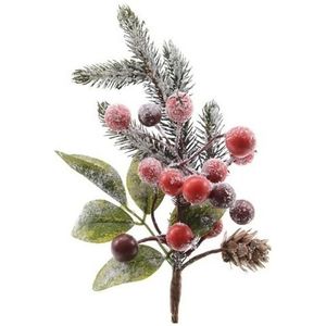Kerststukje instekertjes met bessen en sneeuw groen/rood 20 cm