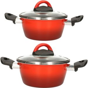 Kookpannen set van 2x stuks rood 3 liter en 5 liter Cuenca - Rvs pannenset