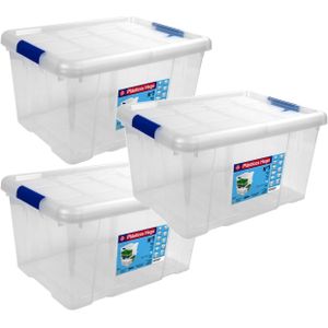 4x Opbergboxen/opbergdozen met deksel 16 liter kunststof transparant/blauw - 39 x 29,5 x 21,5 cm - Opbergbakken