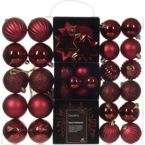 Decoris kerstballen en kersthangers - 40x - kunststof - donkerrood - mix