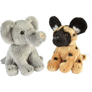 Ravensden - Safari Dieren Knuffels - 2x Stuks - Olifant en Wilde Hond - 15 cm