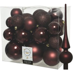 Set van 26x stuks kunststof kerstballen incl. glazen piek mat mahonie bruin