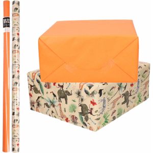 4x Rollen kraft inpakpapier jungle/oerwoud pakket - dieren/oranje 200 x 70 cm