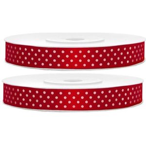 2x Rode satijnlinten met witte stippen op rol 1,2 cm x 25 meter cadeaulint verpakkingsmateriaal