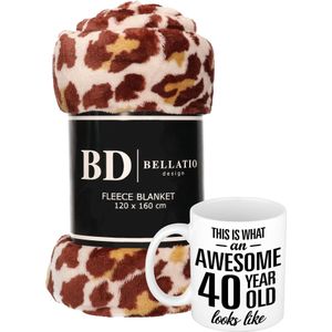 Cadeau verjaardag 40 jaar vrouw - Fleece plaid/deken panter print met Awesome 40 year mok