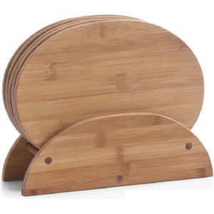 6x Ovale bamboe houten snijplanken met houder 24 cm - Keukenbenodigdheden - Snijplanken/broodplanken hout