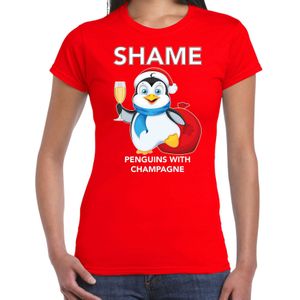Rood Kerstshirt / Kerstkleding met pinguin Shame penguins with champagne voor dames