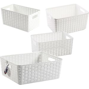 Set van 4x stuks opbergboxen/opbergmandjes rotan parel wit kunststof met inhoud 5/10/12/18 liter