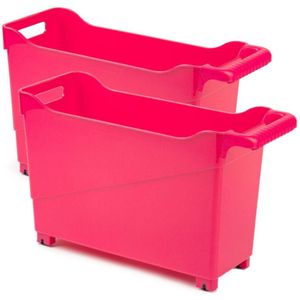 Set van 2x stuks kunststof trolleys fuchsia roze op wieltjes L45 x B17 x H29 cm - Voorraad/opberg boxen/bakken