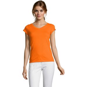 Set van 2x stuks dames t-shirt  V-hals oranje 100% katoen slimfit, maat: 42 (XL)