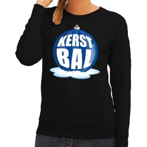 Foute feest kerst sweater met blauwe kerstbal op zwarte sweater voor dames