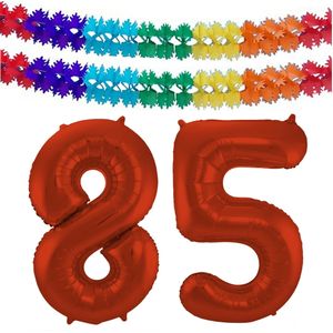 Leeftijd feestartikelen/versiering grote folie ballonnen 85 jaar rood 86 cm + slingers