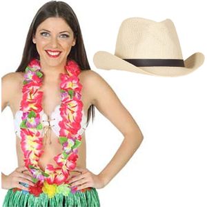 Carnaval verkleedset - Tropical Hawaii party - stro cowboy hoed - en volle bloemenslinger roze