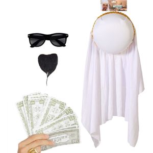 Carnaval verkleed set Arabier/Sjeik - hoofddoek - baardje - zonnebril - 75x nep dollars