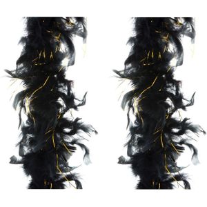2x stuks carnaval verkleed veren Boa kleur zwart met goud 2 meter