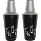 2x stuks cocktailshakers zwart 500 ml RVS