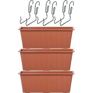 3x Terracotta balkon reling bakken/bloempotten 9 liter