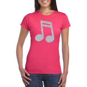 Zilveren muziek noot t-shirt roze voor dames