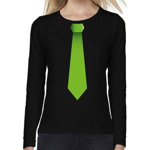 Zwart long sleeve t-shirt zwart met groene stropdas bedrukking dames