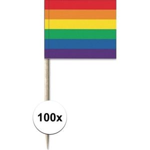 100x Vlaggetjes prikkers gekleurde regenboogvlag 8 cm hout/papier