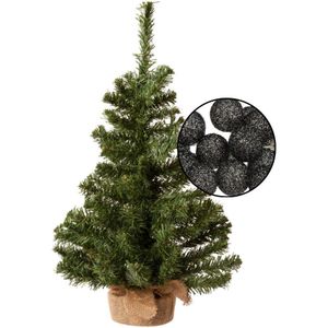 Mini kerstboom groen met verlichting - in jute zak - H60 cm - zwart
