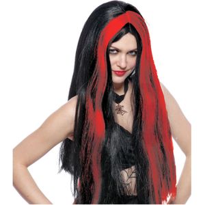 Funny Fashion Heksenpruik lang haar - zwart/rood - dames - Halloween