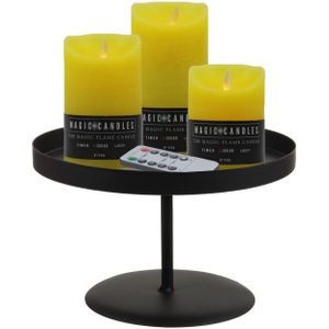 LED kaarsen - 3x st - geel - met zwart rond dienblad/kaarsenbord 22 cm - metaal