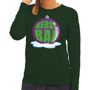 Foute feest kerst sweater met paarse kerstbal op groene sweater voor dames