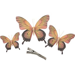 3x stuks Kerst decoratie vlinders op clip - geel/roze - 12/16/20 cm