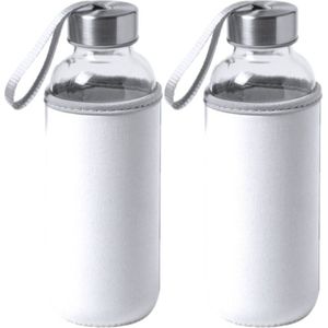 2x Stuks glazen waterfles/drinkfles met witte softshell bescherm hoes 420 ml