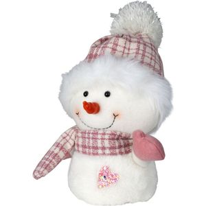 Pluche decoratie sneeuwpop - 27 cm - roze - pop - met sjaal en muts