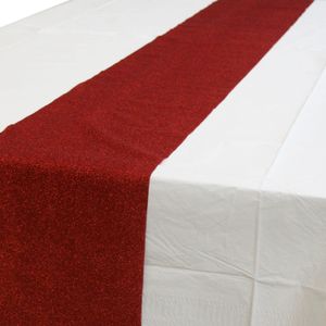 Wit tafelkleed 274 x 137 cm met rode tafelloper met glitters voor de kersttafel