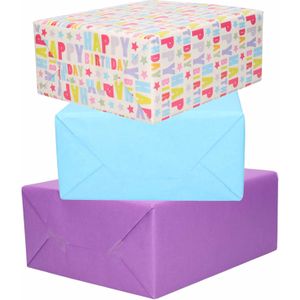 3x Rollen kraft inpakpapier lichtblauw/paars/happy birthday 200 x 70 cm