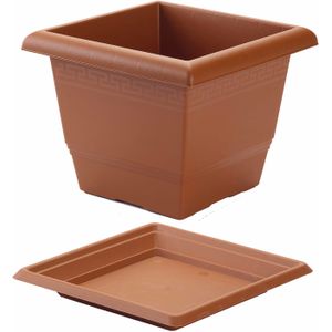 4x stuks vierkante plantenbakken terra cotta met opvangschaal 26 x 26 x 20 cm