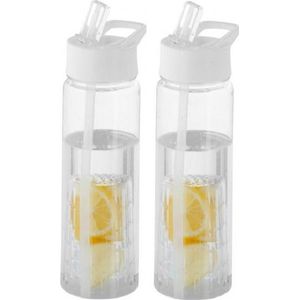 2x Drinkflessen/waterflessen tranparant met wit fruit filter 740 ml