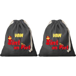 2x Sinterklaas cadeauzak zwart Van Sint en Piet met koord voor pakjesavond als cadeauverpakking