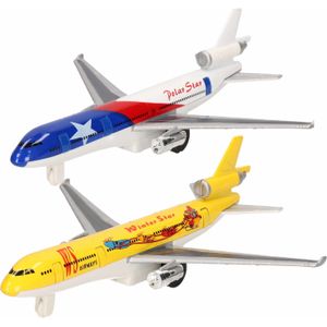 Speelgoed vliegtuigen setje van 2 stuks geel en blauw 19 cm