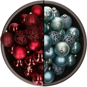 74x stuks kunststof kerstballen mix van donkerrood en ijsblauw 6 cm