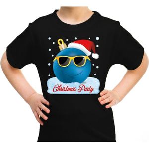 Zwart t-shirt / kerstkleding coole blauwe kerstbal christmas party voor kinderen