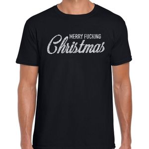 Zwart Kerst shirt / kerstkleding Merry Fucking Christmas glitter zilver op zwart heren