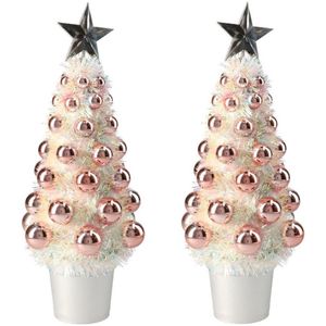 2x stuks complete mini kunst kerstboompje/kunstboompje zalm roze met kerstballen 29 cm