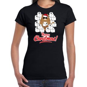 Zwart Kerstshirt / Kerstkleding hamsterende kat  Merry Christmas voor dames