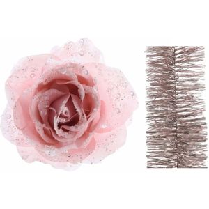 Kerstversiering kunststof glitter bloemen op clip 14 cm en folieslingers pakket lichtroze 5x stuks